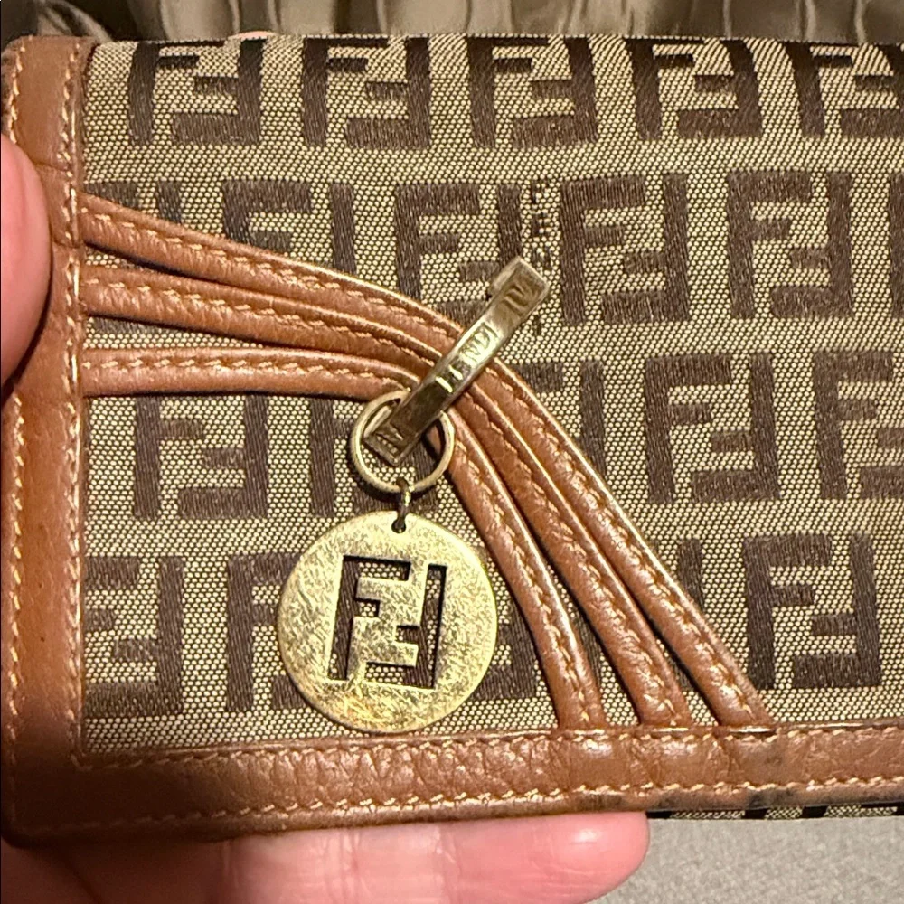 Authentic Fendi Brown Charm Zucchino Canvas Wallet